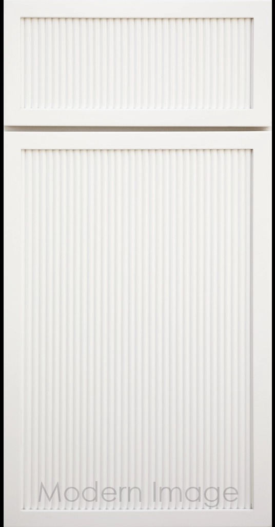 Frost White Arcadia Reed Cabinet Door featuring a Narrow Frame and Slim Fluted Center Panel.